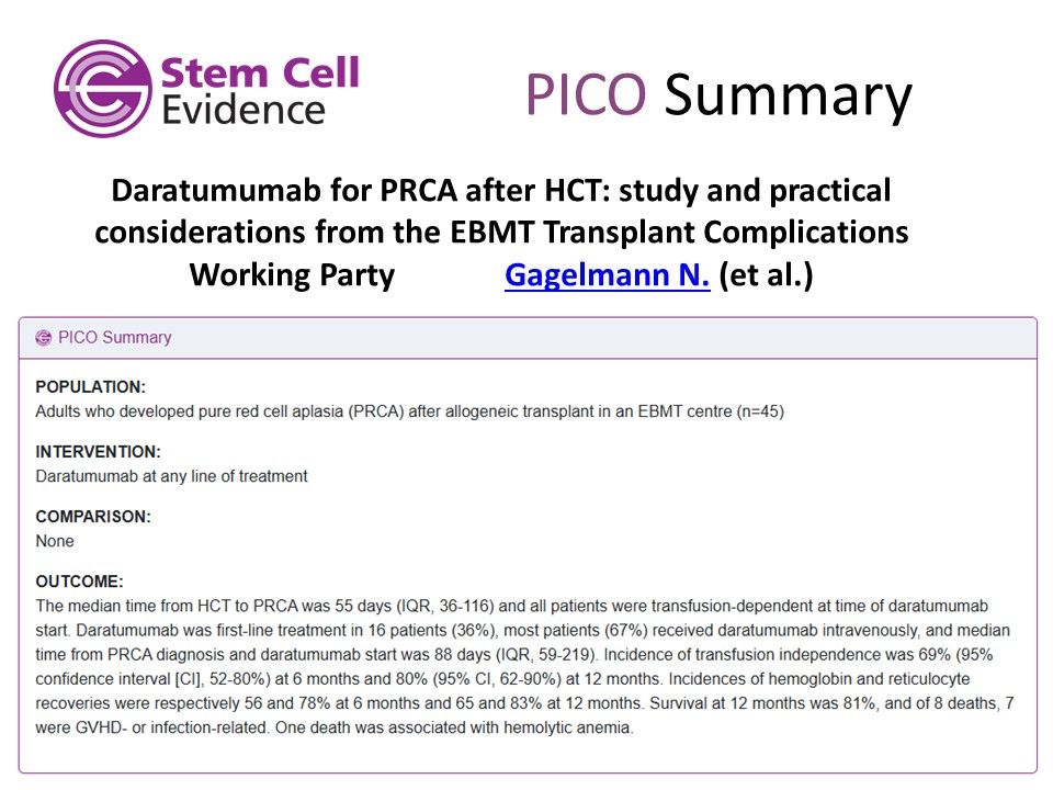 Image showing a PICO summary for:

Daratumumab for PRCA after HCT: study and practical considerations from the EBMT Transplant Complications Working Party
by Gagelmann et al.
featured in the Stem Cell Evidence Alert - July 2025
