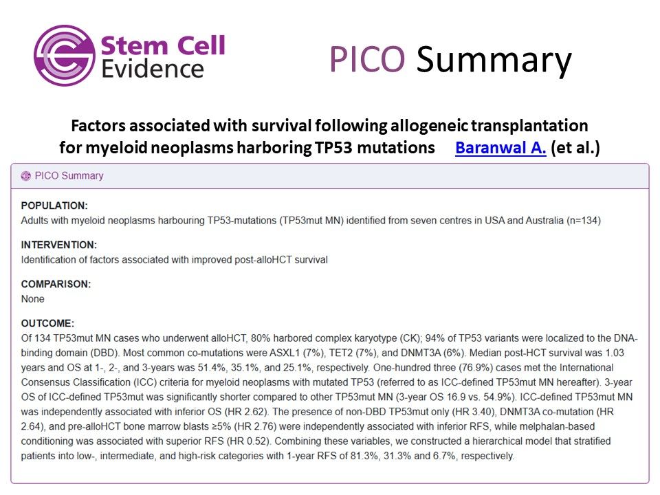 Image showing a PICO summary for:

Factors associated with survival following allogeneic transplantation for myeloid neoplasms harboring TP53 mutations
by Baranwal et al.
featured in the Stem Cell Evidence Alert - April 2025