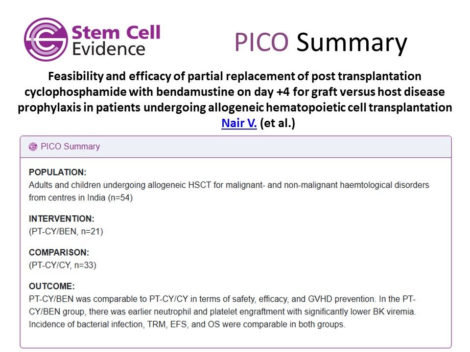 Image showing a PICO summary for:

Feasibility and efficacy of partial replacement of post transplantation cyclophosphamide with bendamustine on day +4 for graft versus host disease prophylaxis in patients undergoing allogeneic hematopoietic cell transplantation
by Nair et al.
featured in the Stem Cell Evidence Alert - June 2025
