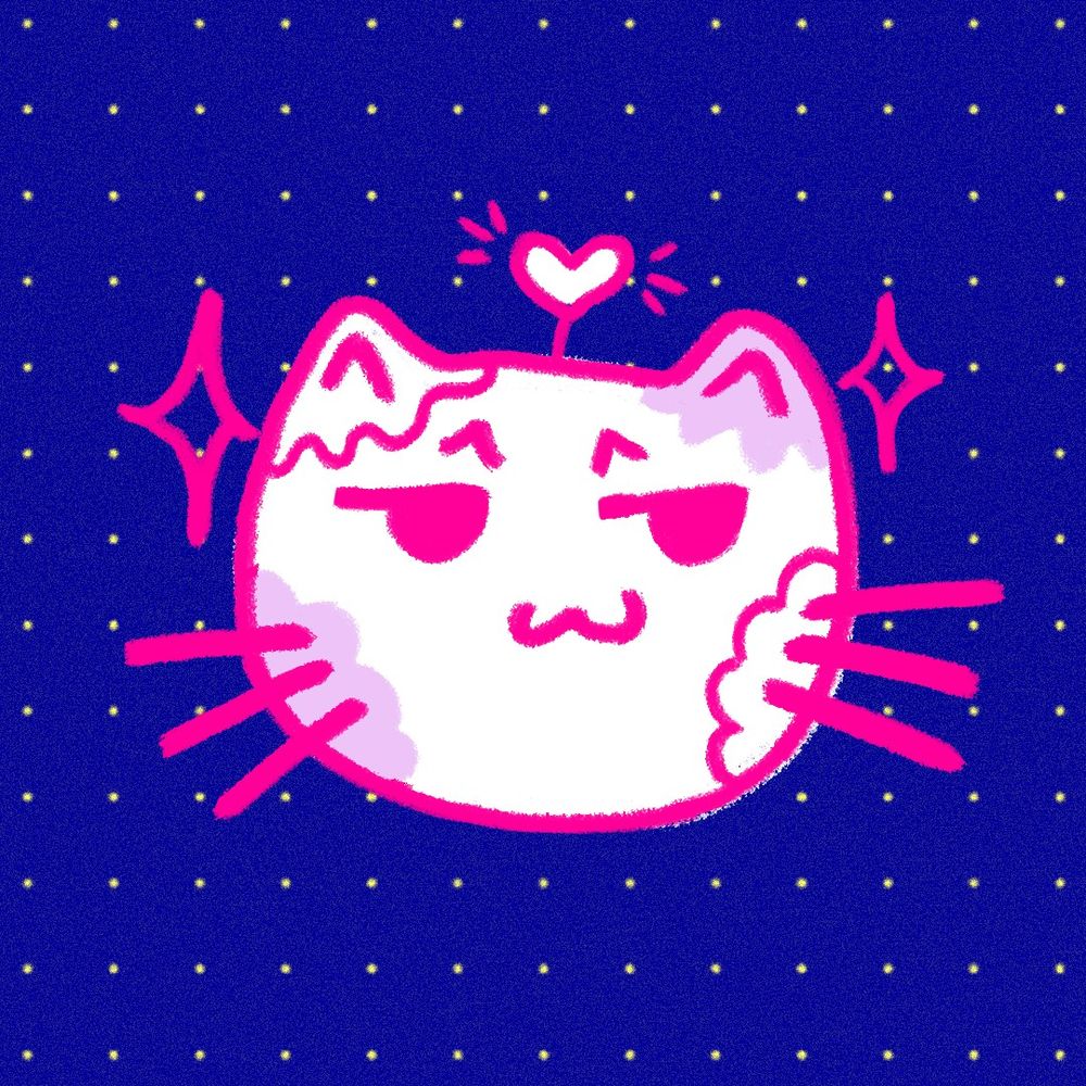 Cute illustration of a cat head, it has a sly facial expression and a heart-antenna on the top of its head. The drawing has pink outlines, dark blue background.