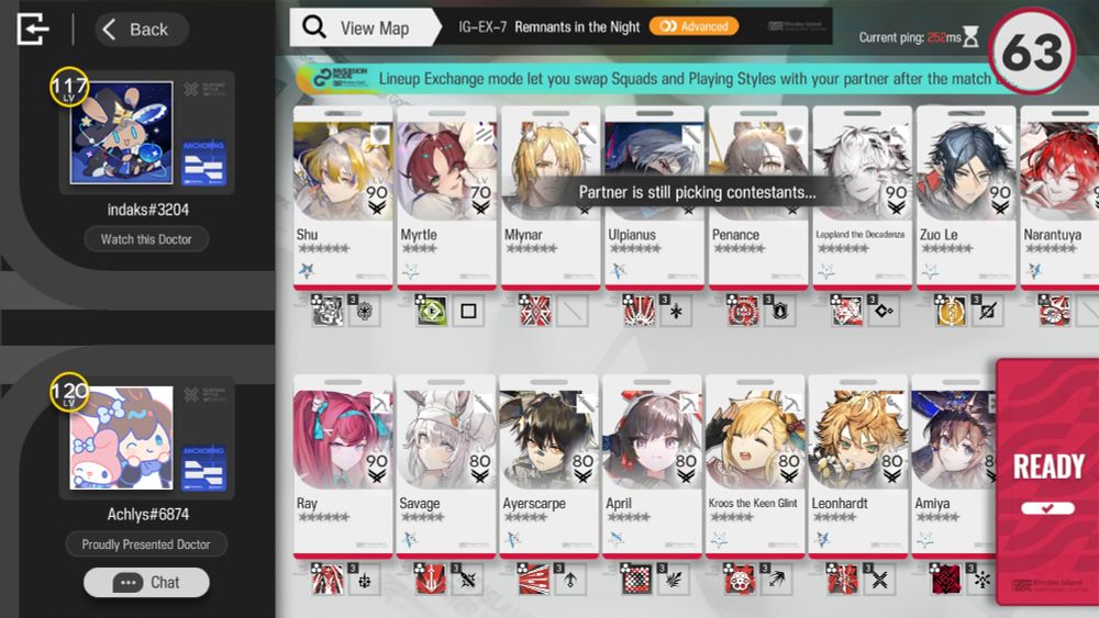 Screenshot of Arknights Icebreaker Games team select screen showing two player parties. One is full of Cautus operators.