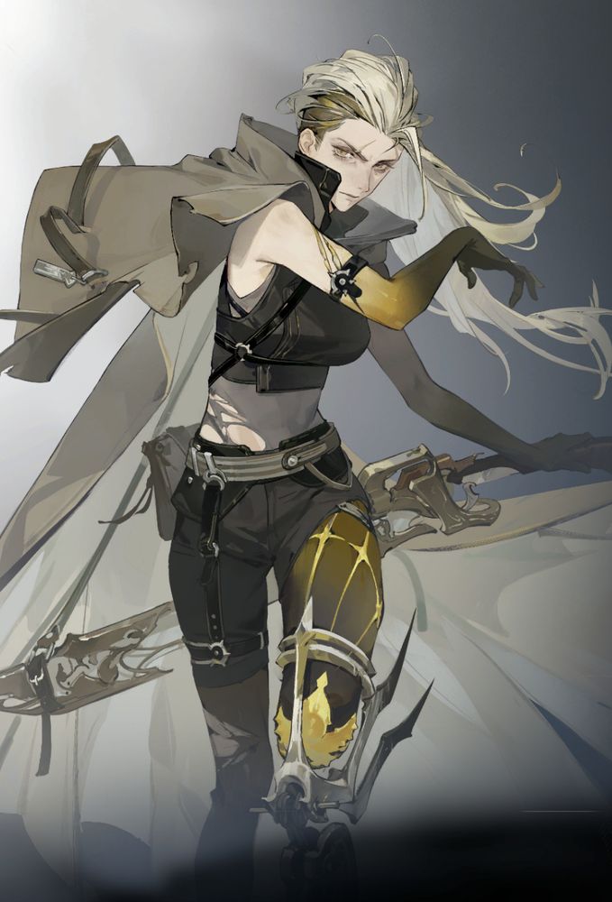 Screenshot of Alva from the gacha Morimens. She has pulled back blond hair and a fierce angular face, trousers and a massive sword.