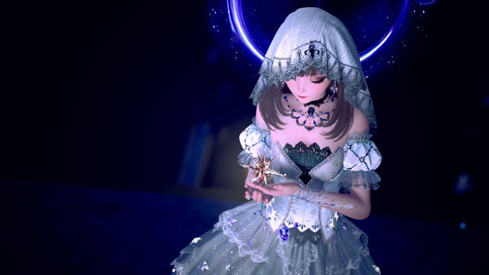 Screenshot of Nikki in Infinity Nikki. She has straight shoulder length brown hair and her eyes are closed, while holding a star in her palms. She's wearing a white and black star studded gown with a white and black trim lace veil over her head. A waist-up shot.