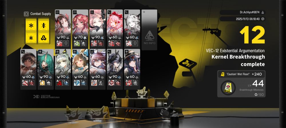 Screenshot of Arknights Vector Breakthrough clear screen for VEC-12. Operators: Ines S2, Myrtle S1, Lemuen S3, Goldenglow S3, Lappland Alter S3, Thorns S2, Hoshiguma S2, Kal'tsit S3, Eyjafjalla Alter S3, Yato Alter S3, Logos S3, Jessica Alter E2. Combat supplies: Calibration Equipment, Weakening Program, Overclocking Equipment, Hardening Equipment