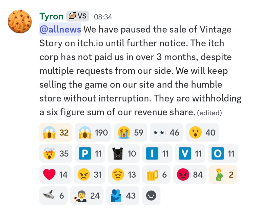 A screenshot of a Discord message from Tyron at 8:34: We have paused the sale of Vintage Story on itch.io until further notice. The itch corp has not paid us in over 3 months, despite multiple requests from our side. We will keep selling the game on our site and the humble store without interruption. They are withholding a six figure sum of our revenue share.