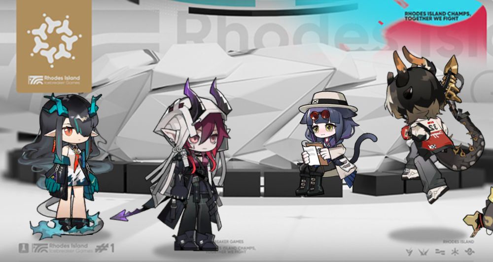 Image from Rhodes Island Icebreaker games. Chongyue appears about to dropkick Jessica while Dusk and Ascalon stare impassively.