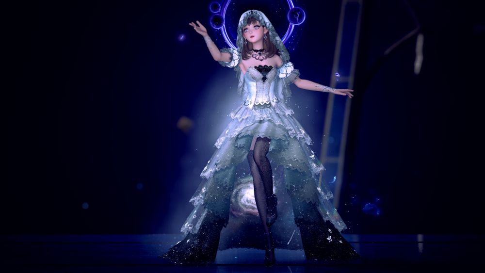 Screenshot of Nikki in Infinity Nikki. She has straight shoulder length brown hair and purple eyes, and is reaching into the distance. She's wearing a white and black star studded gown that shows galaxies in the skirt, and a white lace veil with a black trim. She has thigh-high sheer stockings and black high heels.