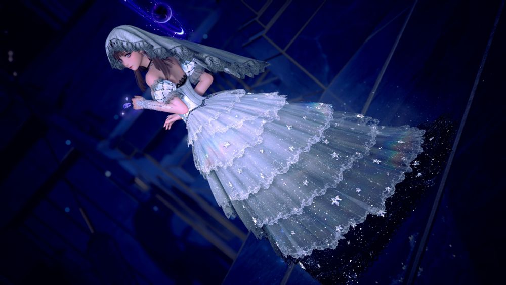 Screenshot of Nikki in Infinity Nikki. She has straight shoulder length brown hair and purple eyes, and is turned away from the camera, looking plaintively at the viewer. She's wearing a white and black star studded gown that shows galaxies in the skirt, and a white lace veil with a black trim.