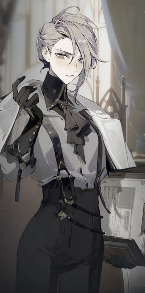 Screenshot showing Czort from the gacha Morimens. A woman with short hair and a scar through one eyebrow wears a suit shirt with gloves, suspenders and trousers.