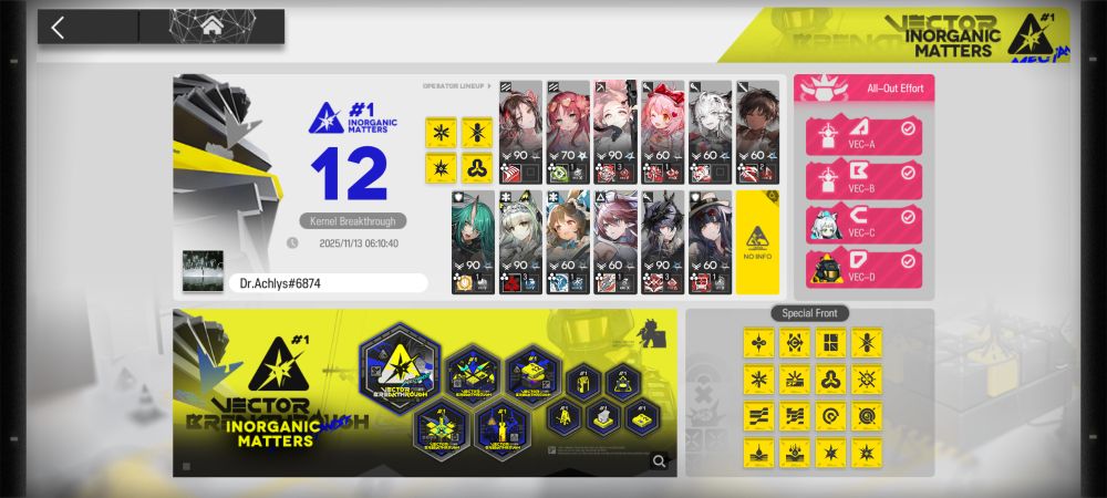Screenshot of Arknights Vector Breakthrough completion screen with the medal set, VEC-12, VEC-A to D and all special front stages.