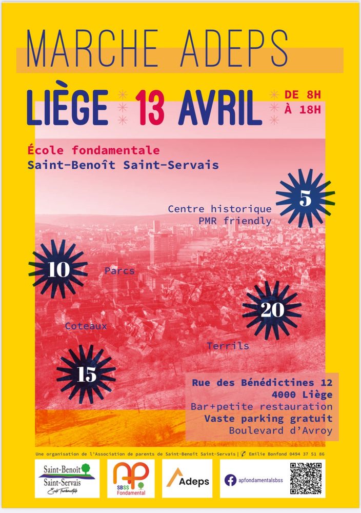 Affiche pour la marche adeps de St Benoît St Servais le 13 avril à Liège.