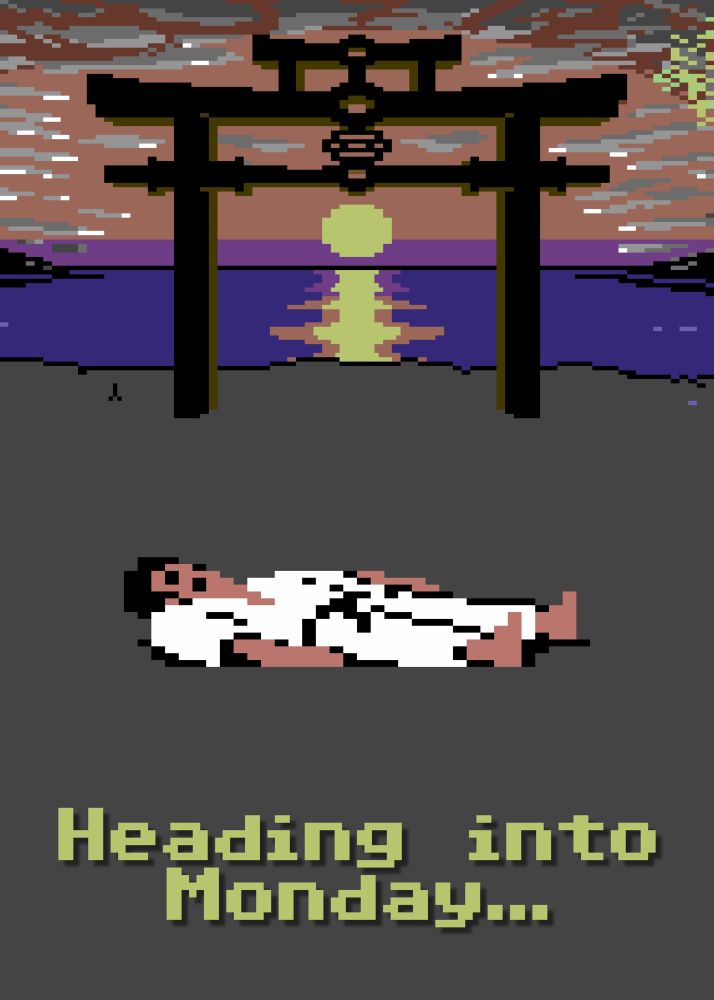 Retro pixel image of IK+ from Commodore 64 of a player character lying on the ground with the phrase “Heading into Monday”