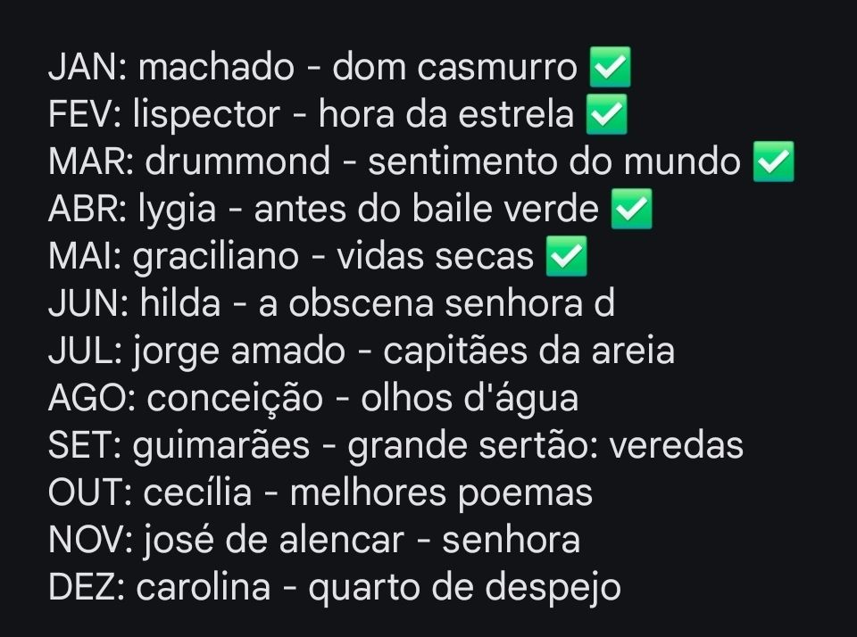 JAN: machado - dom casmurro ✅️
FEV: lispector - hora da estrela ✅️
MAR: drummond - sentimento do mundo ✅️
ABR: lygia - antes do baile verde ✅️
MAI: graciliano - vidas secas ✅️
JUN: hilda - a obscena senhora d
JUL: jorge amado - capitães da areia
AGO: conceição - olhos d'água
SET: guimarães - grande sertão: veredas
OUT: cecília - melhores poemas
NOV: josé de alencar - senhora
DEZ: carolina - quarto de despejo