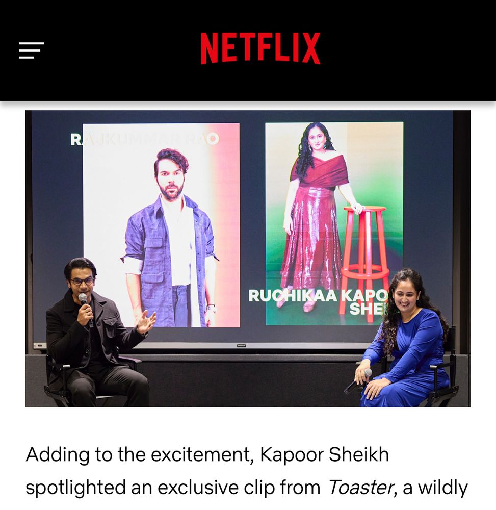 NetflixのAPAC Film Showcase in Tokyoのオフィシャルレポートより　インド映画のプレゼンをしたRuchikaa Kapoor SheikhさんとRajkummar Raoさん