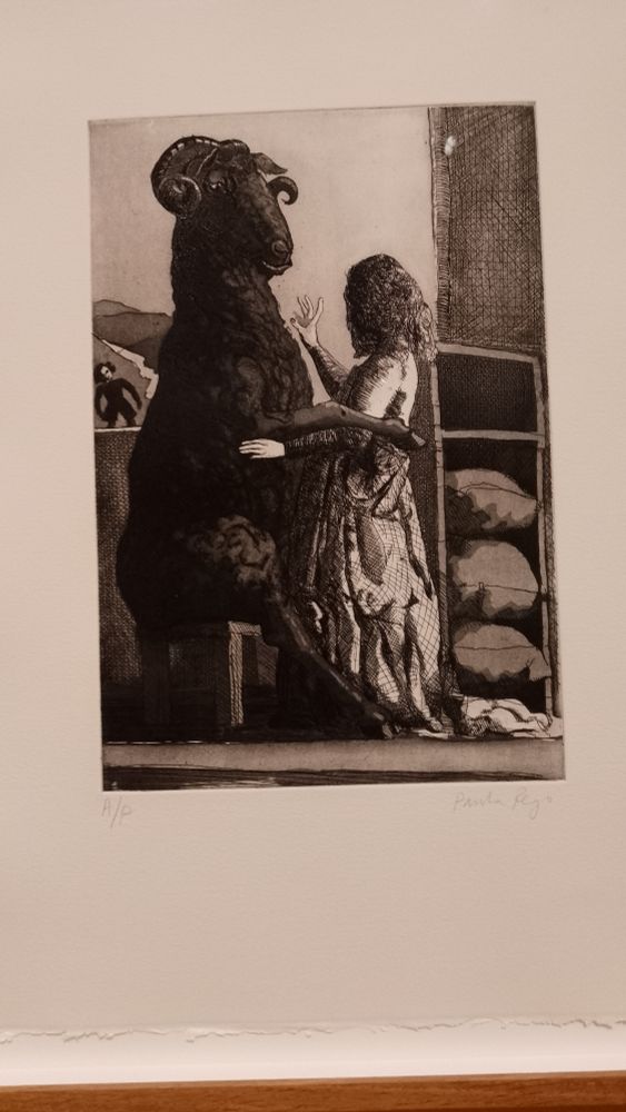 Paula Rego's print illustrating Baa Baa Black Sheep, showing a girl in the arms of a very large black ram which is sitting on a stool