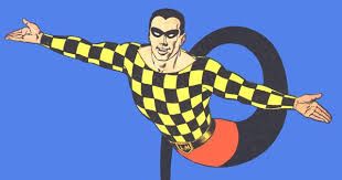 Filipino superhero Lastic Man stretches his snakelike lower body into a semi-circle as he presents himself with outstretched hands. He has black pants, a red belt, and a shir that is checkered black and yellow.