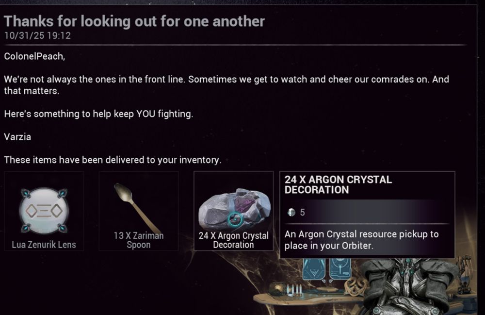 A screenshot of the Dev Stream rewards, including 13 spoons and 24 Argon Crystal decorations, lovingly known as poop in the community for their delectable, rounded cylinder shape.