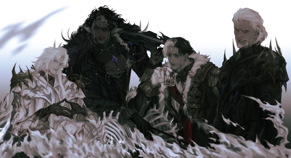 a commission by @ shawnstaw depicting verrot amongst the unsundered ascians. 