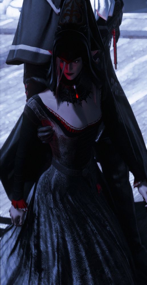 walkelin is in motion, the skirt of his dress swaying. he wears a henin and black gorget. a man's hand is tucked above his waist, beneath his arm. 