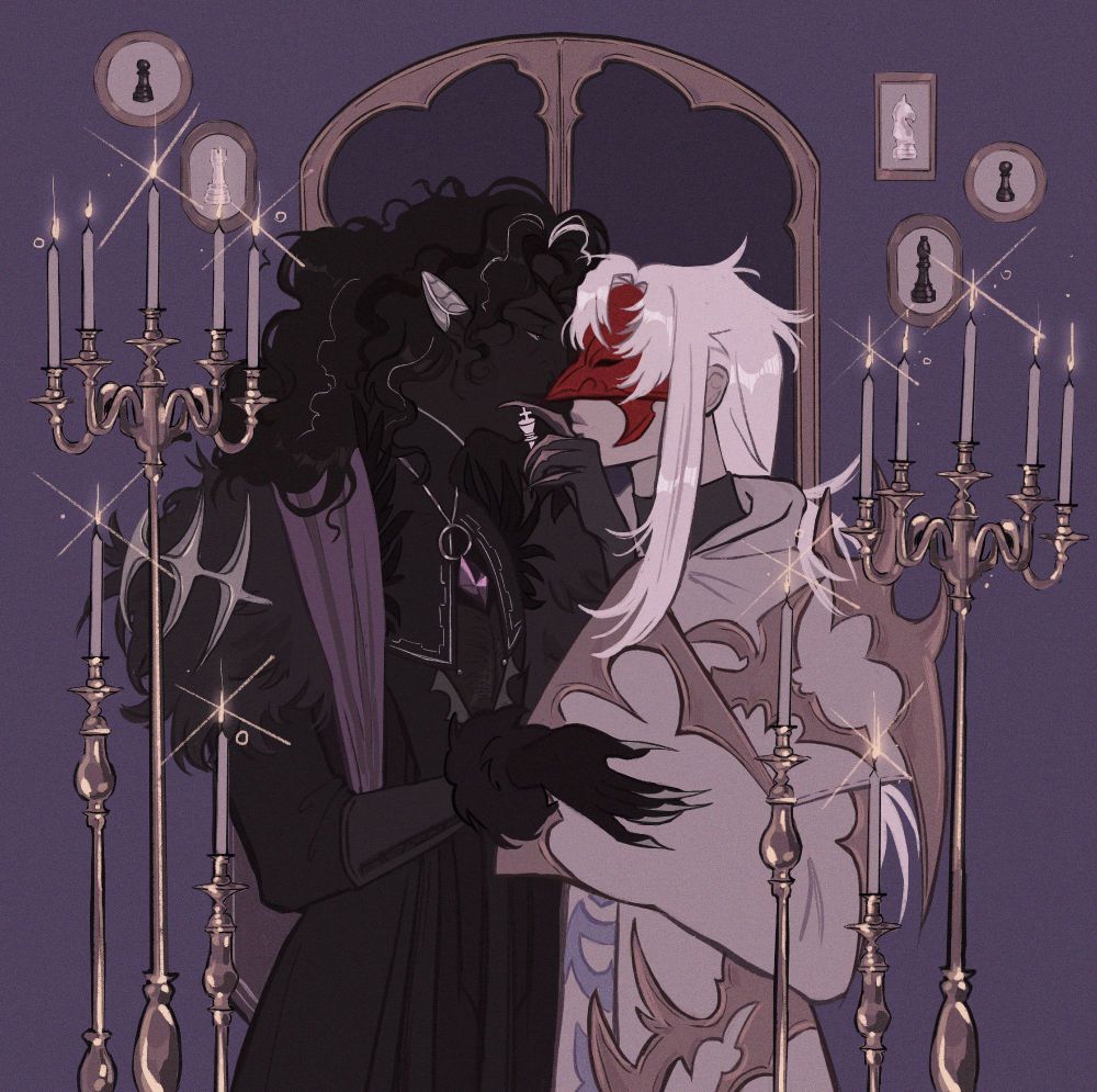 commission from bunbuncita of verrot and elidibus flanked by candles. elidibus holds a white chess piece to verrot's lips. 