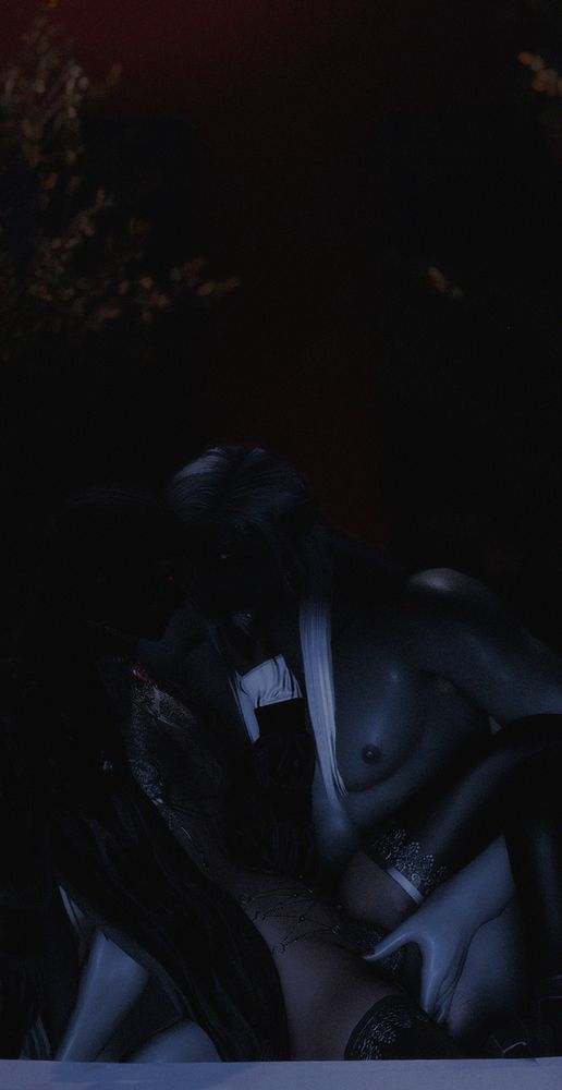 two elezen men are in intimate embrace, cast almost in total darkness. 