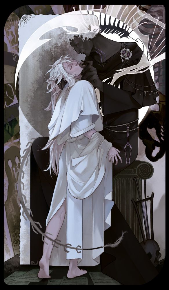 A commission by @mafuriah depicting Themis taking an obol from Kereboros's hand. The scene takes place in the underworld, where the figures are surrounded by swirling souls in muted tones of purple, grey, and green. Kereboros's hair and scythe encircle Themis, binding him in the cycle of life. 