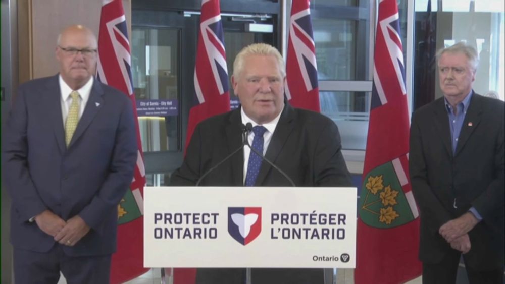 Ontario Premier Doug Ford holds a news conference in Sarnia alongside Housing Minister Rob Flack and Mayor Mike Bradley. (August 21, 2025) (no interpretation)