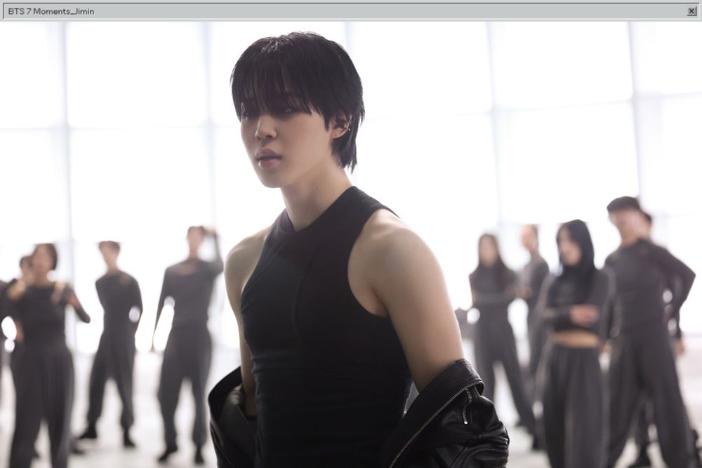 Jimin monitoring during Set Me Free pt. 2 mv filming. He’s wearing a black leather jacket that’s hanging off shoulder and his high neck tight black tank top is showing off his pretty muscles. He looks so focused and ethereal at the same time