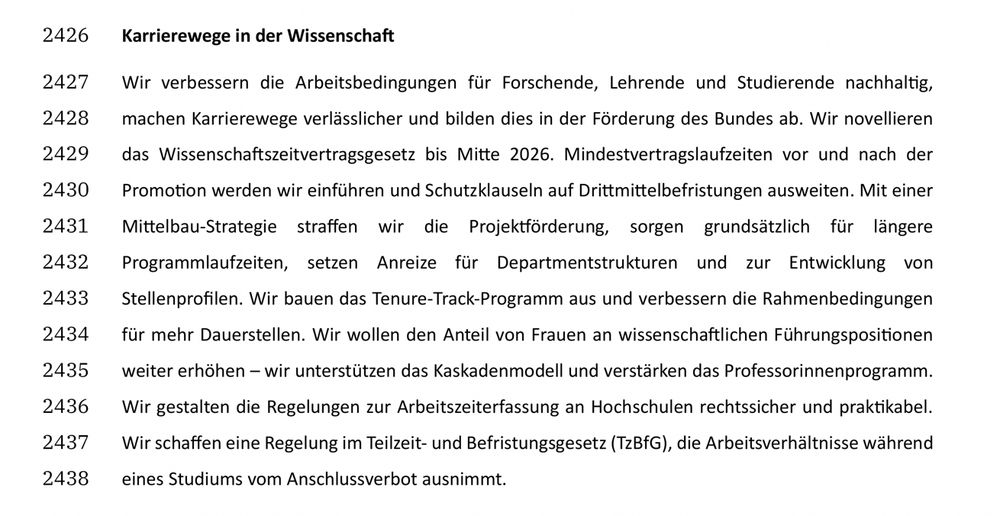 Karrierewege in der Wissenschaft
Wir verbessern die Arbeitsbedingungen für Forschende, Lehrende und Studierende nachhaltig, machen Karrierewege verlässlicher und bilden dies in der Förderung des Bundes ab. Wir novellieren das Wissenschaftszeitvertragsgesetz bis Mitte 2026. Mindestvertragslaufzeiten vor und nach der Promotion werden wir einführen und Schutzklauseln auf Drittmittelbefristungen ausweiten. Mit einer Mittelbau-Strategie straffen wir die Projektförderung, sorgen grundsätzlich für längere Programmlaufzeiten, setzen Anreize für Departmentstrukturen und zur Entwicklung von Stellenprofilen. Wir bauen das Tenure-Track-Programm aus und verbessern die Rahmenbedingungen für mehr Dauerstellen. Wir wollen den Anteil von Frauen an wissenschaftlichen Führungspositionen weiter erhöhen - wir unterstützen das Kaskadenmodell und verstärken das Professorinnenprogramm.
Wir gestalten die Regelungen zur Arbeitszeiterfassung an Hochschulen rechtssicher und praktikabel.
Wir schaffen eine Regelung im Teilzeit- und Befristungsgesetz (TzBfG), die Arbeitsverhältnisse während eines Studiums vom Anschlussverbot ausnimmt.