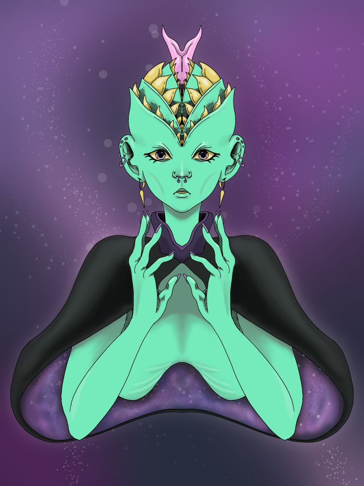 Alien creature illustration with a floral mouth on its head 