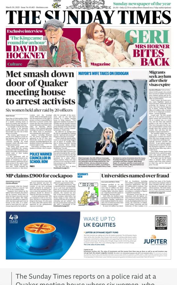 Screenshot of Sunday Times front page showing prominent story about police raiding a Quaker meeting house venue. 