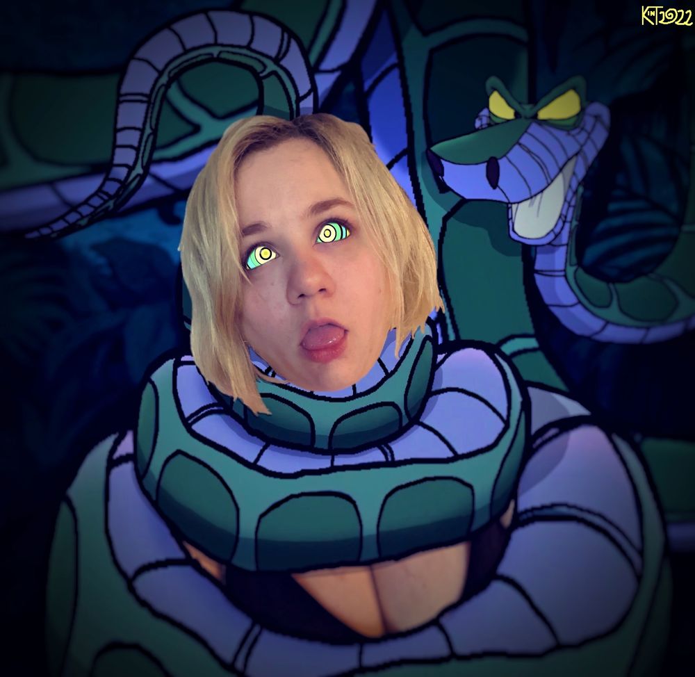 Bunny, a buxom jungle beauty, is being choked by the possessive coils of Kaa, the huge green python. She is unable to call for help due to the pressure around her throat, and the deep mesmeric trance she is under.