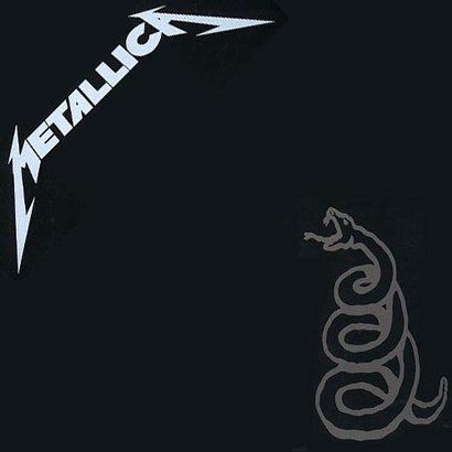 Metallica black album cover. Cover is black with word Metallica in upper left corner and a coiled snake in lower right corner 
