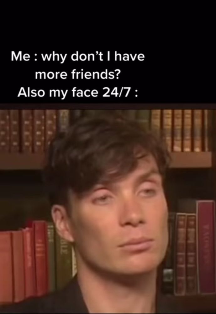 Photo of a man with an irritated look on his face, with the caption: "Me: Why don't I have more friends? Also my face 24/7."