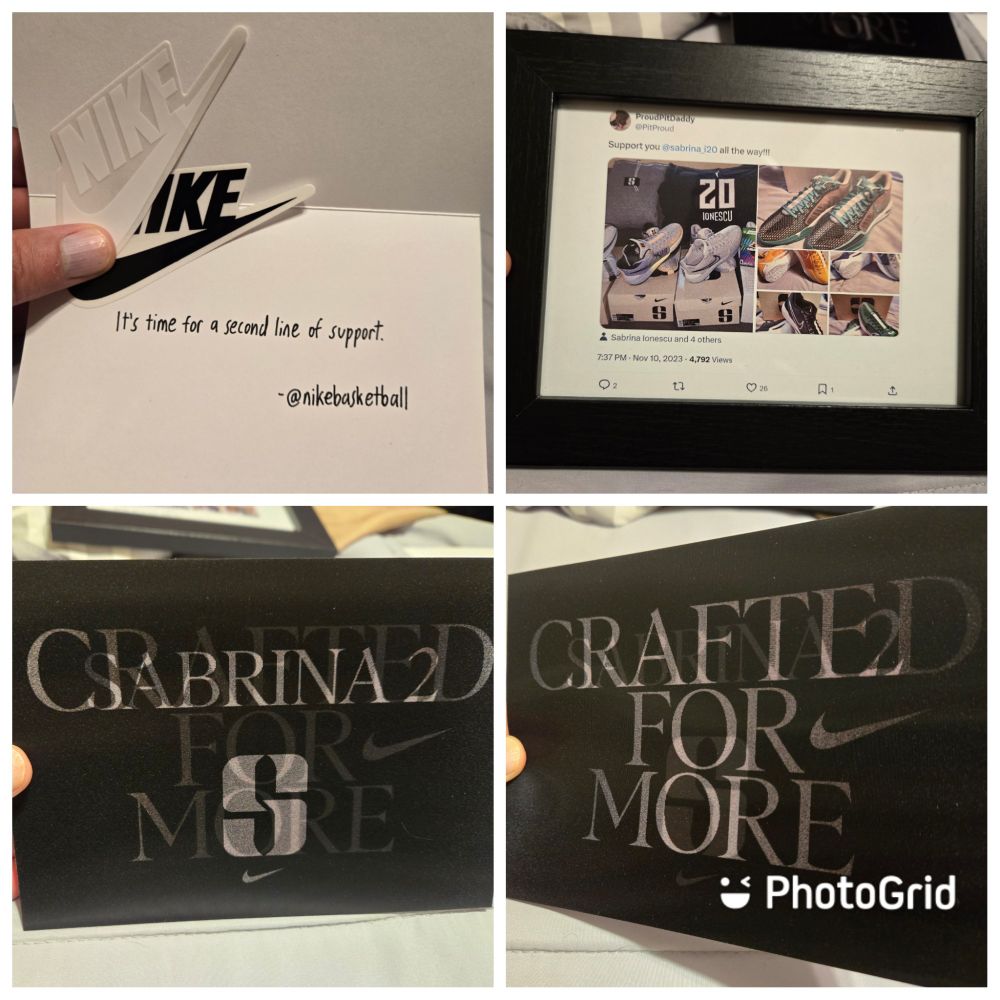 Collage of photos featuring the Sabrina 2 basketball shoe with a note from nike