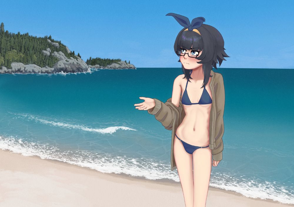 The character Piper permit drawn standing on a beach. She is wearing a bikini and an unbuttoned sweater. She seems rather embarassed to be seen here.