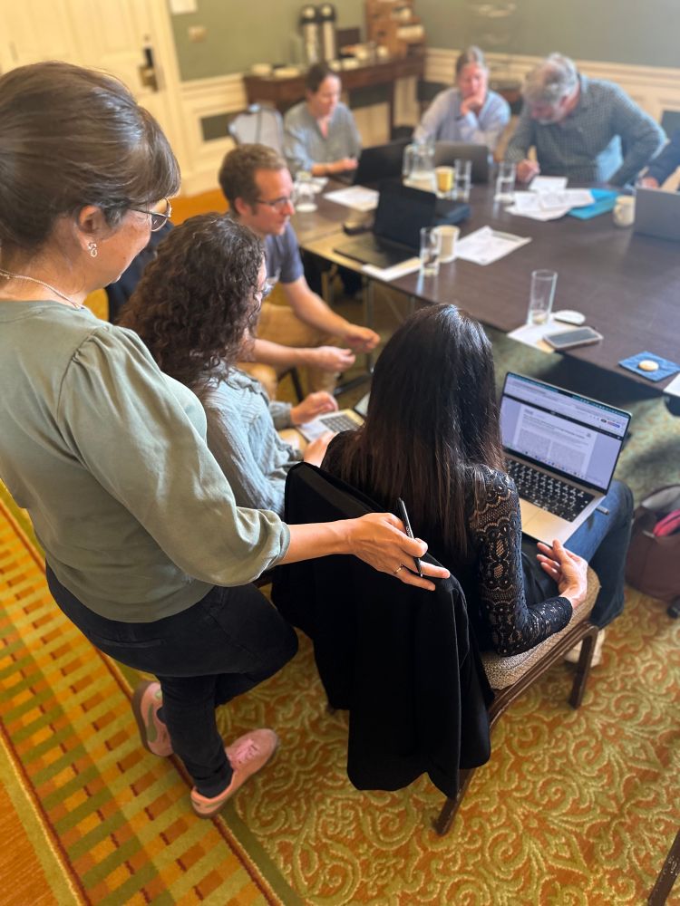Researchers at a board room table use their computers during an interactive workshop session.