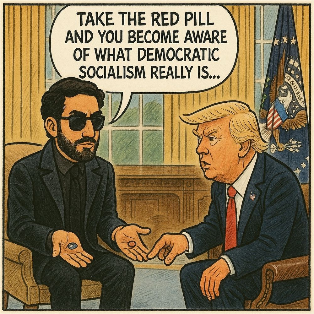 TAKE THE RED PILL AND YOU BECOME AWARE OF WHAT DEMOCRATIC SOCIALISM REALLY IS...cartoon of Mamdani and Trump cosplaying the Matrix