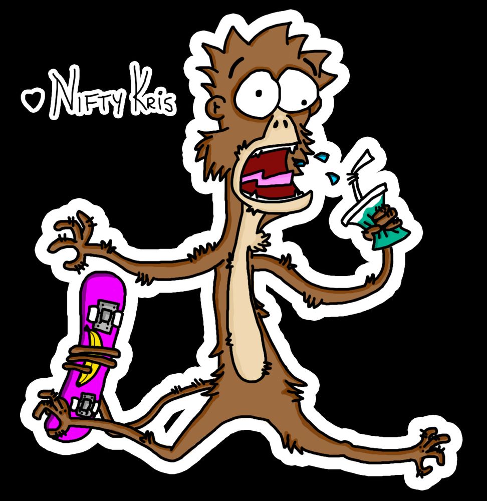 A monk with a pink skateboard with a banana on it, drinking a baja blast.