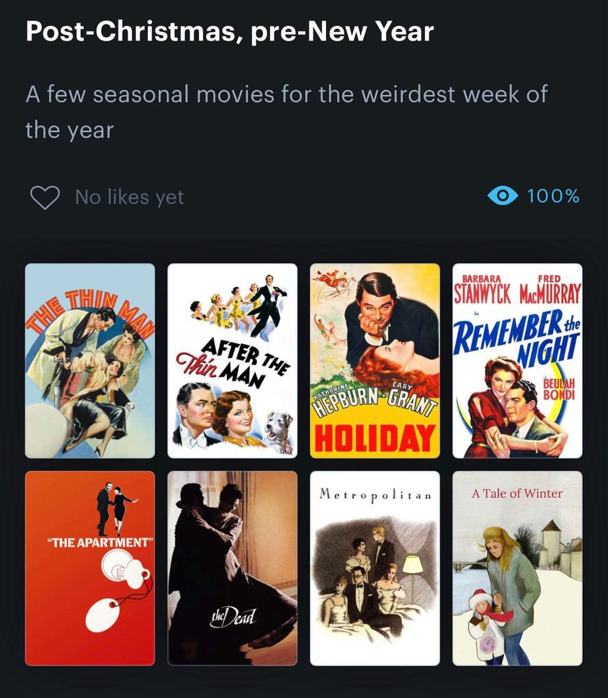 Letterboxd list of post-Christmas/pre-New Years movies. Link: https://boxd.it/BAMpE