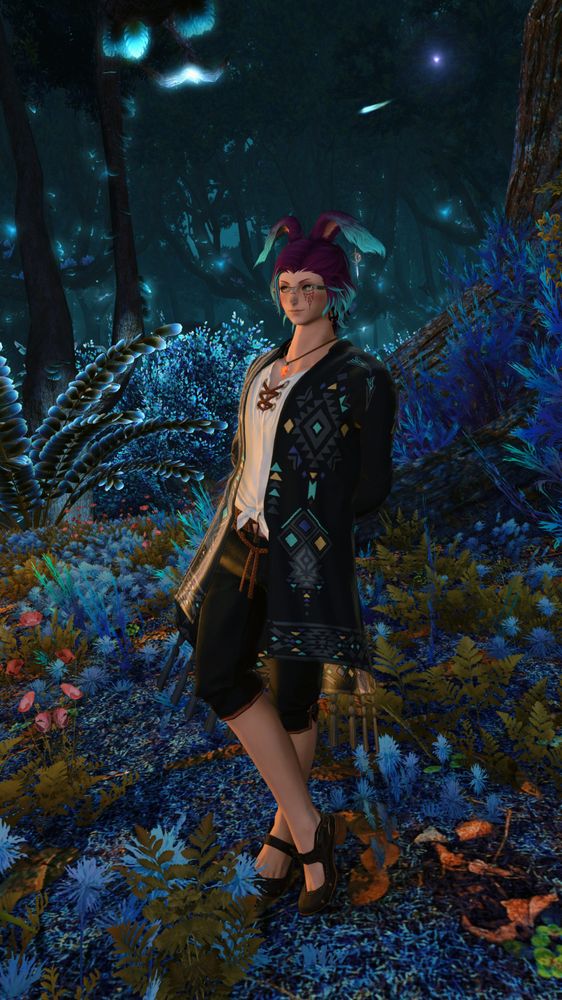 A purple and blue haired viera stands in the forest near Mamook with their arms behind their back gazing off into the distance with a smile.