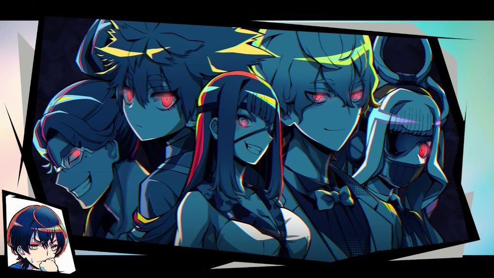 Rei Shimobe looks at and considers the five murder suspects, all of whom have evil red eyes.