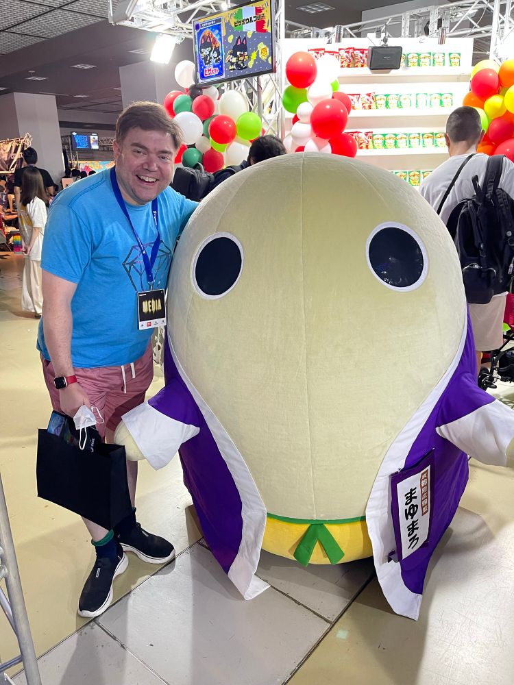me & officially Kyoto mascot Mayumaro (big body, big eyes, no mouth. He’s a silk cocoon!)