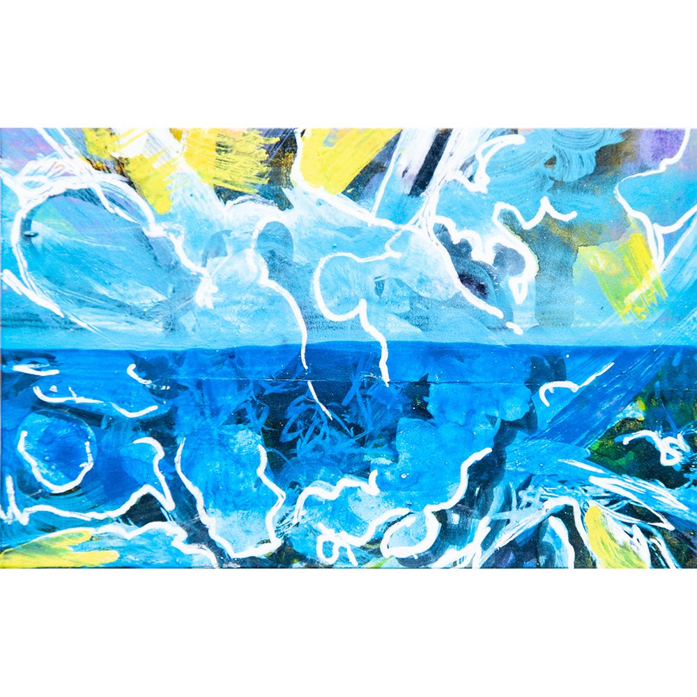 abstract painting of stormy weather over the sea, in the middle is a horizon line and all over the pictures is a layer of wild strokes
