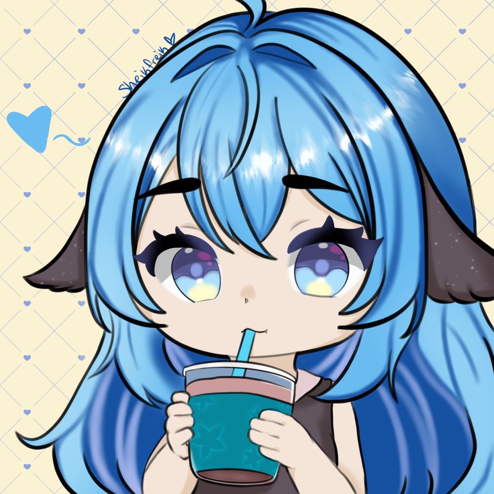 Aribly’s OC Bubbly takes a quick coffee break to regain some energy! They have blue hair and black with stars in their fox ear that are dropping low on the sides of her head. Eyes are multicolored with purples, blue, and yellow. They are sipping from a cup that looks like coffee that they’re holding in their hands. 