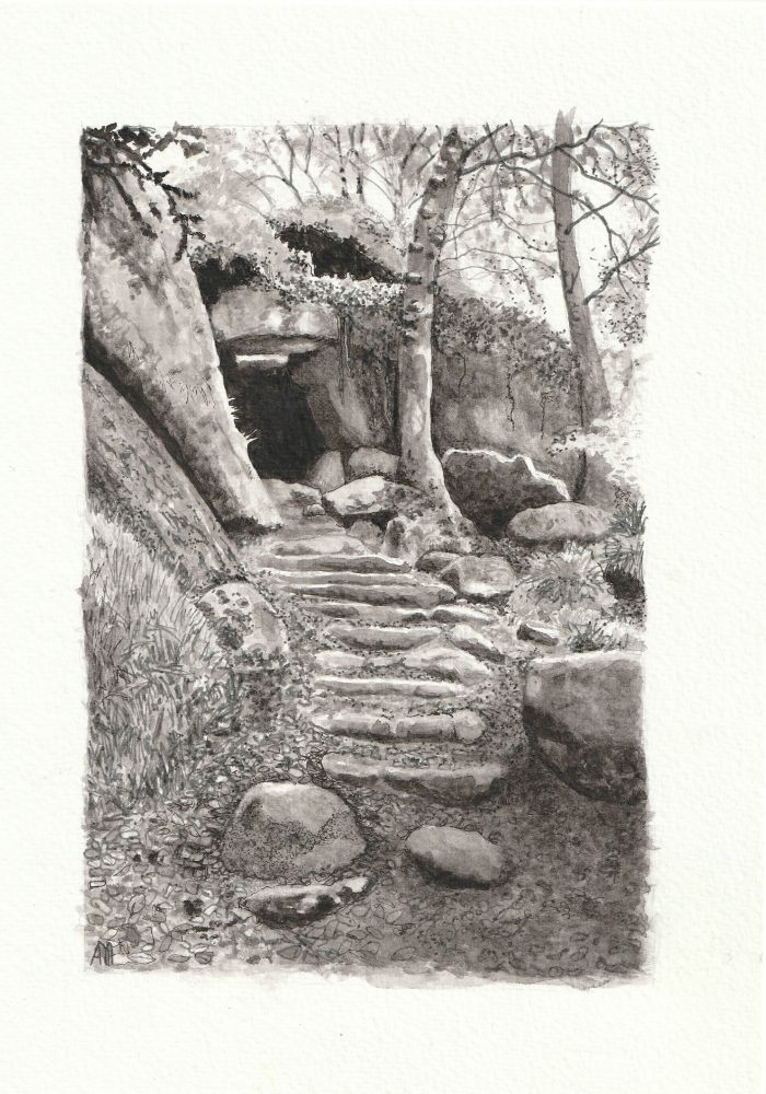 A black and white watercolour painting of the Cave of Artus in Brittany.