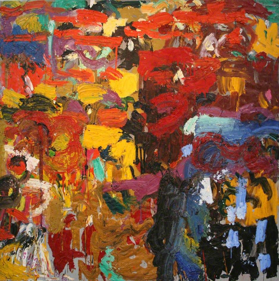 A brightly coloured abstract painting with broad brushstrokes and dripping pigments