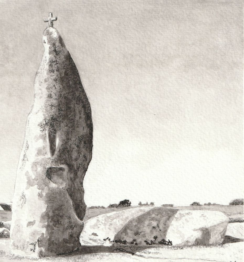A black and white watercolour painting of the stones of Men Marz in Brittany.