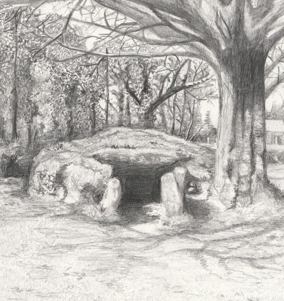 A black and white pencil drawing of an ancient burial mound beside a tree
