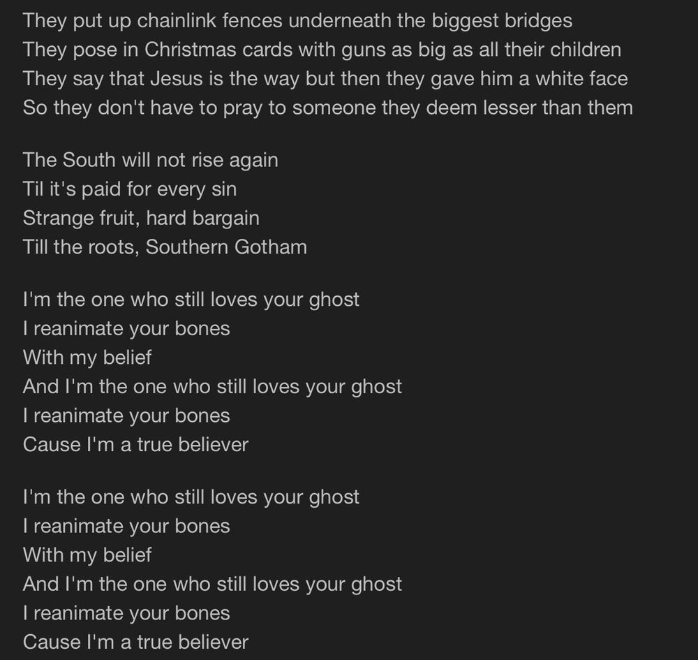 They put up chainlink fences underneath the biggest bridges
They pose in Christmas cards with guns as big as all their children
They say that Jesus is the way but then they gave him a white face
So they don't have to pray to someone they deem lesser than them
The South will not rise again
Til it's paid for every sin
Strange fruit, hard bargain
Till the roots, Southern Gotham
I'm the one who still loves your ghost
I reanimate your bones
With my belief
And I'm the one who still loves your ghost
I reanimate your bones
Cause I'm a true believer